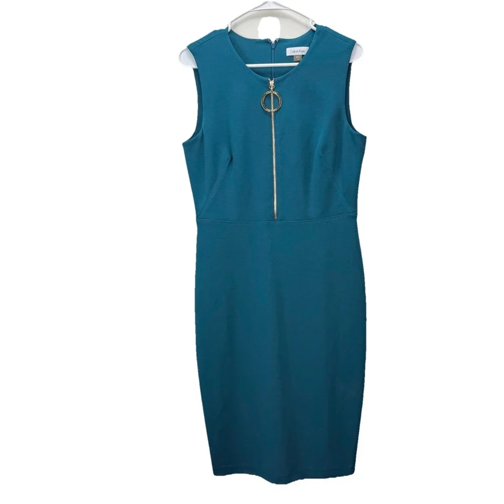 Calvin Klein Teal Sleeveless Stretch Crepe Front Zip Sheath Dress Size‎ 10